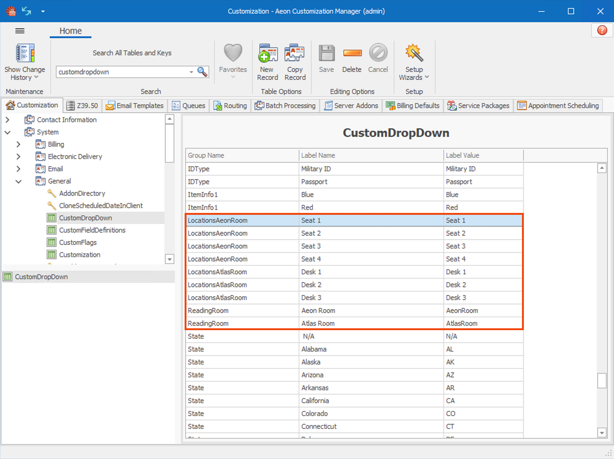 CustomDropDown table configured with Reading Rooms and Locations in the Aeon Customization Manager